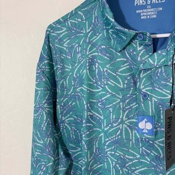 Pins & Aces Polo Shirt Mens 2XL Blue Green Palm Leaf Golf Performance Stretch - Picture 2 of 7